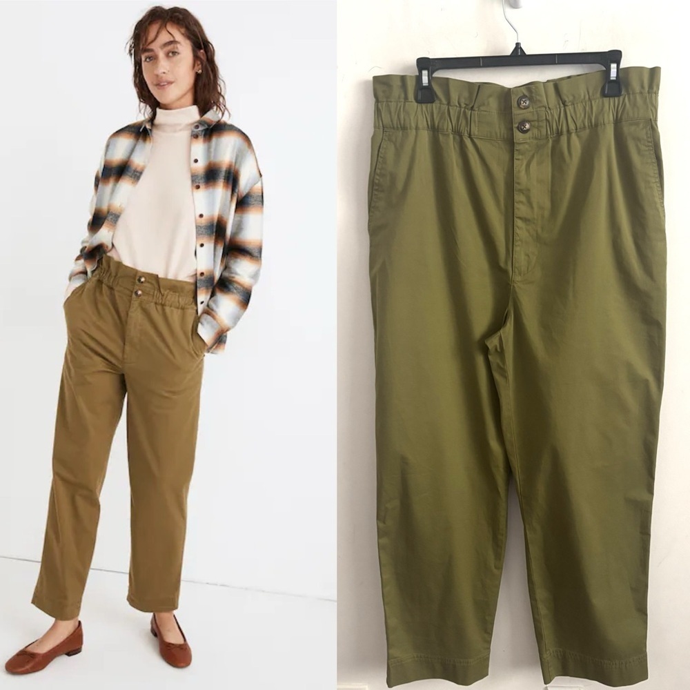 NWOT Madewell Green Paperbag Waist Pants 12 Tapered Leg Cropped Minimalist Chic